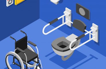 Accessible environment composition with wheelchair and public restroom equipped for disabled people on blue background 3d isometric vector illustration