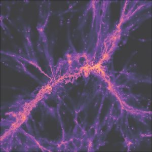 Gemello del filamento cosmico osservato nel MUDF come visto da una simulazione al super computer che descrive la distribuzione del gas su grandi scale nell’Universo. Visibile in viola è il gas che scorre all’interno della ragnatela cosmica, alimentando la formazione di galassie nei punti dove più filamenti convergono. [Credito: Davide Tornotti/Università di Milano-Bicocca] 